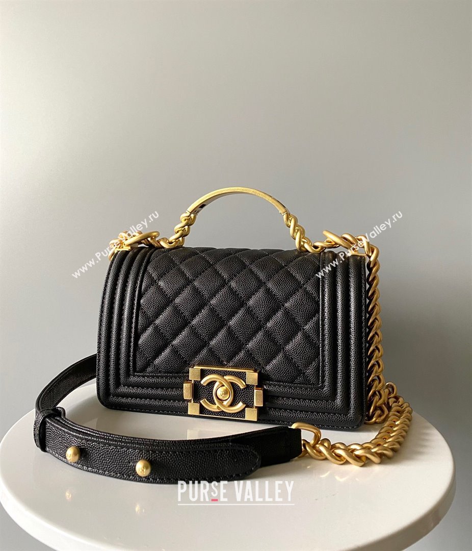 Chanel Small Boy Chanel Handbag with Handle in Grained Shiny Calfskin Black 2023 (YUND-23110601)