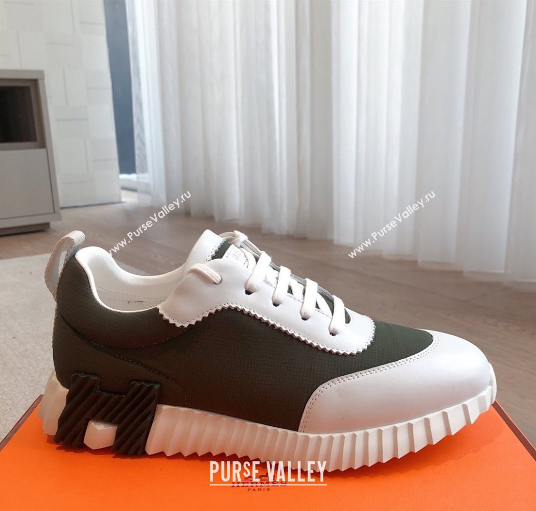 Hermes Bouncing Sneakers in Leather and Check Fabric Dark Green 2025 0226 (XC-250226050)