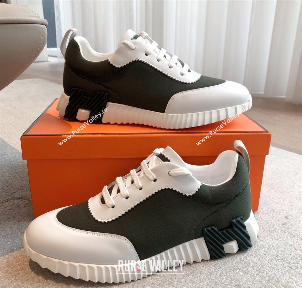 Hermes Bouncing Sneakers in Leather and Check Fabric Dark Green 2025 0226 (XC-250226050)