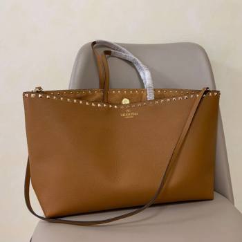 Valentino Large Grainy Calfskin Leather Rockstud Shopping Bag 0071L Brown 2020 (JD-20112750)