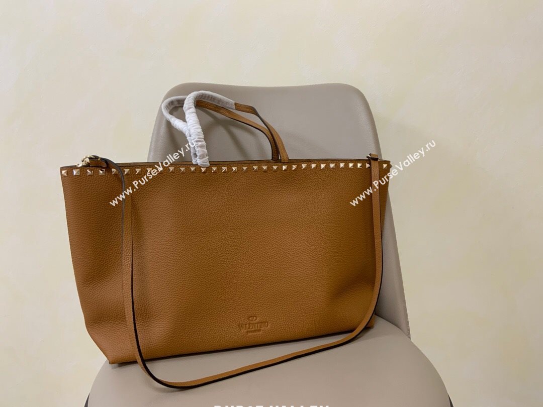 Valentino Large Grainy Calfskin Leather Rockstud Shopping Bag 0071L Brown 2020 (JD-20112750)
