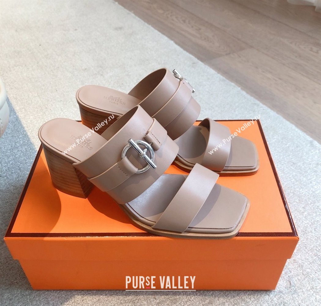 Hermes Kute Heel Slides Sandal 6cm in Calfskin with Glenan Buckle Grey 2025 (XC-250226087)