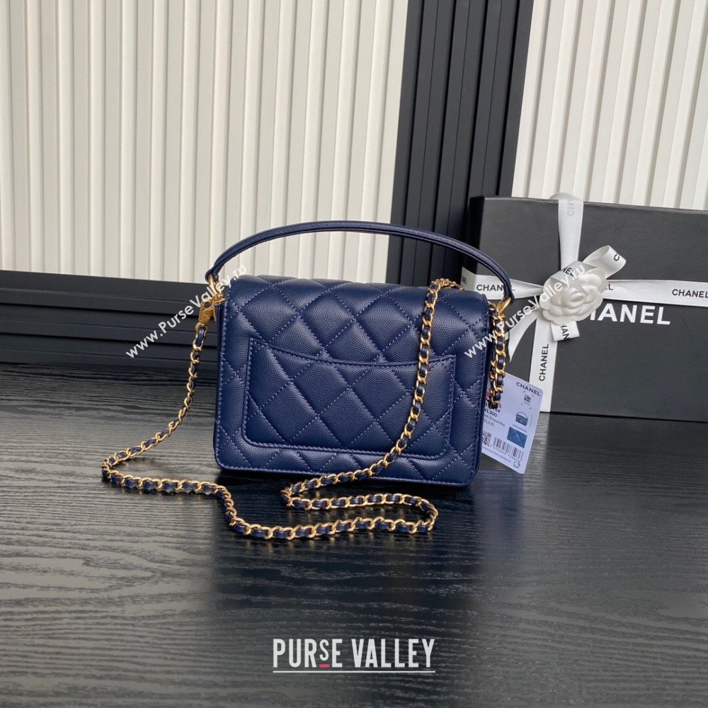 Chanel Grained Shiny Calfskin Mini Flap bag with Top Handle AS5165 Navy Blue 2024 (yezi-241106144)