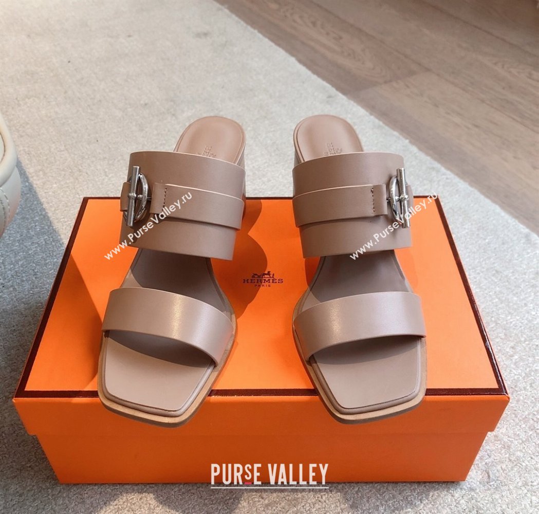 Hermes Kute Heel Slides Sandal 6cm in Calfskin with Glenan Buckle Grey 2025 (XC-250226087)