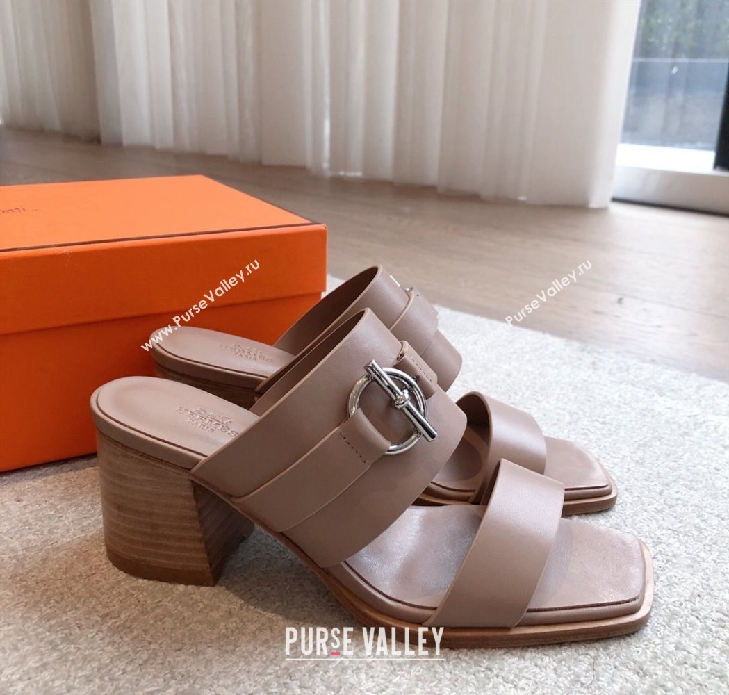 Hermes Kute Heel Slides Sandal 6cm in Calfskin with Glenan Buckle Grey 2025 (XC-250226087)