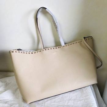 Valentino Large Grainy Calfskin Leather Rockstud Shopping Bag 0071L White 2020 (JD-20112749)