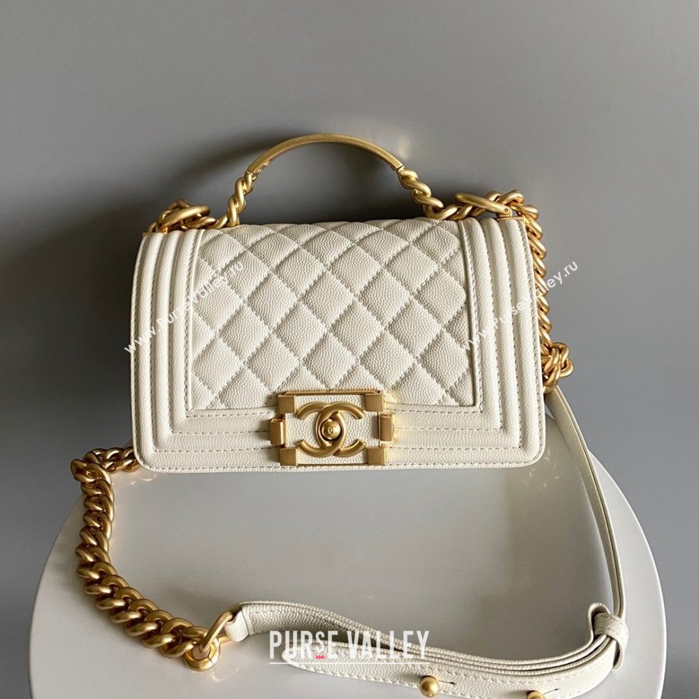 Chanel Small Boy Chanel Handbag with Handle in Grained Shiny Calfskin White 2023 (YD-23110603)