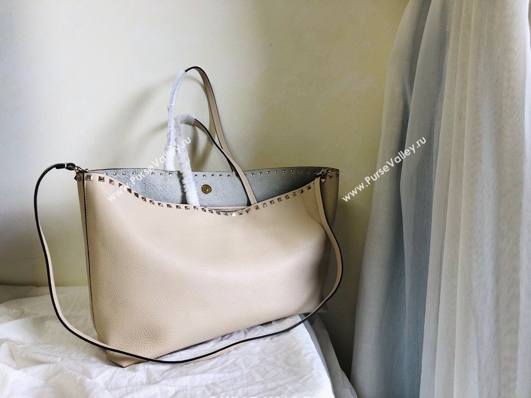 Valentino Large Grainy Calfskin Leather Rockstud Shopping Bag 0071L White 2020 (JD-20112749)