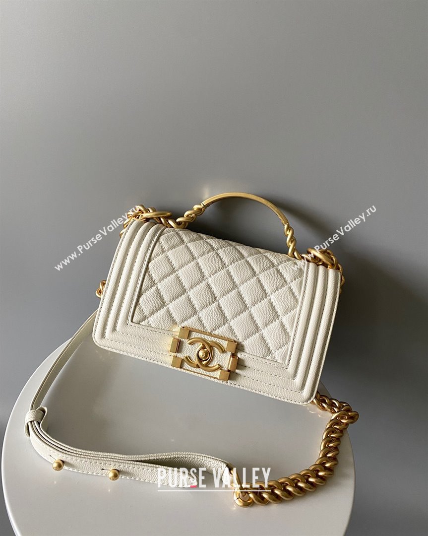 Chanel Small Boy Chanel Handbag with Handle in Grained Shiny Calfskin White 2023 (YD-23110603)