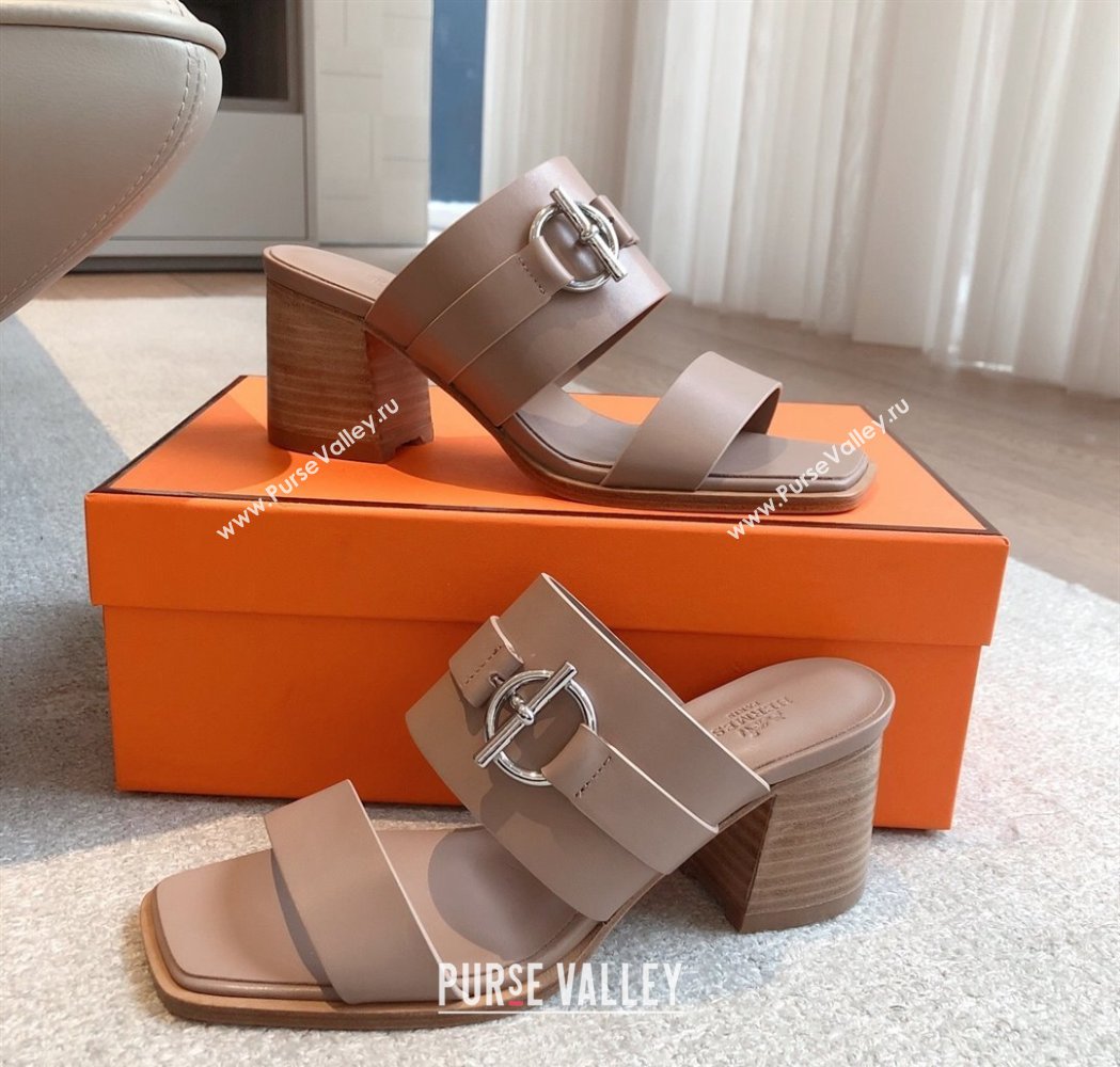 Hermes Kute Heel Slides Sandal 6cm in Calfskin with Glenan Buckle Grey 2025 (XC-250226087)