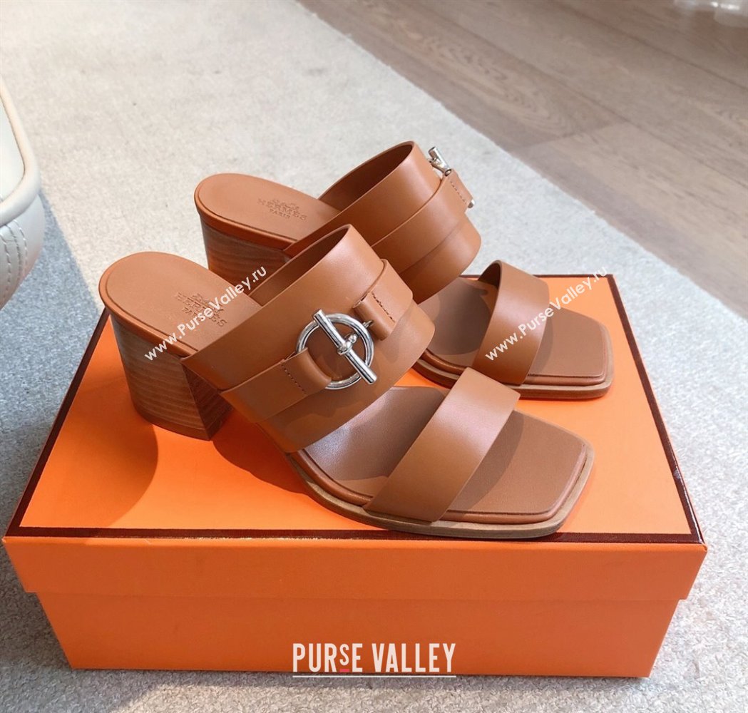 Hermes Kute Heel Slides Sandal 6cm in Calfskin with Glenan Buckle Brown 2025 (XC-250226088)