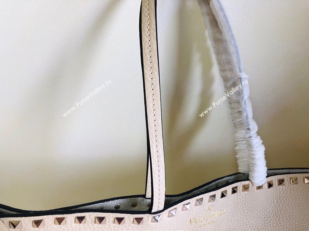Valentino Large Grainy Calfskin Leather Rockstud Shopping Bag 0071L White 2020 (JD-20112749)
