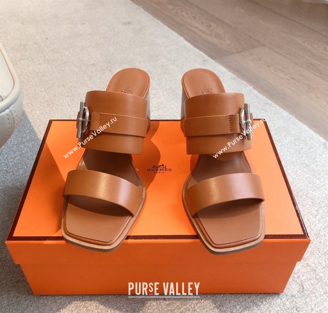 Hermes Kute Heel Slides Sandal 6cm in Calfskin with Glenan Buckle Brown 2025 (XC-250226088)