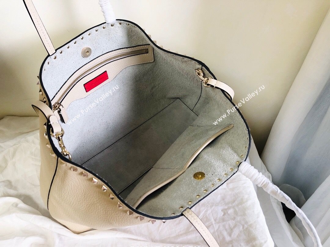 Valentino Large Grainy Calfskin Leather Rockstud Shopping Bag 0071L White 2020 (JD-20112749)