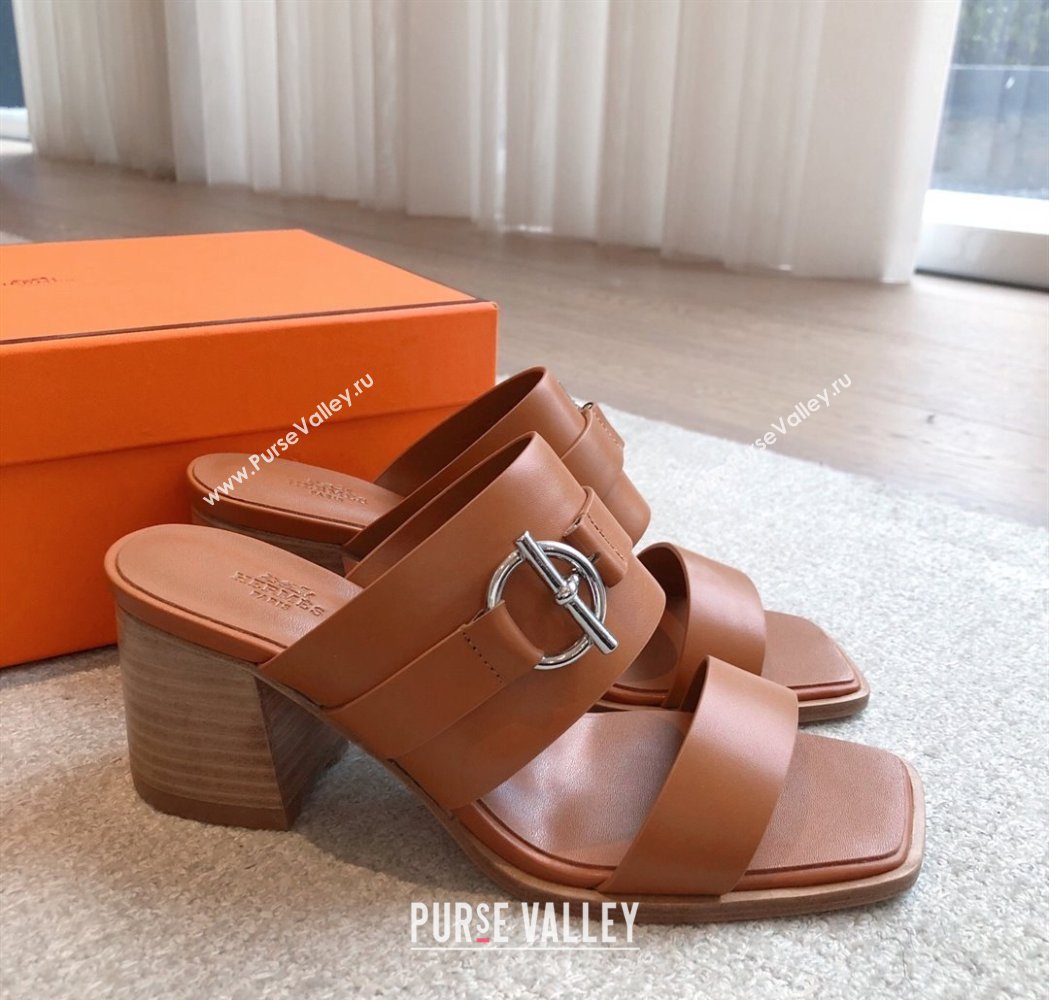 Hermes Kute Heel Slides Sandal 6cm in Calfskin with Glenan Buckle Brown 2025 (XC-250226088)