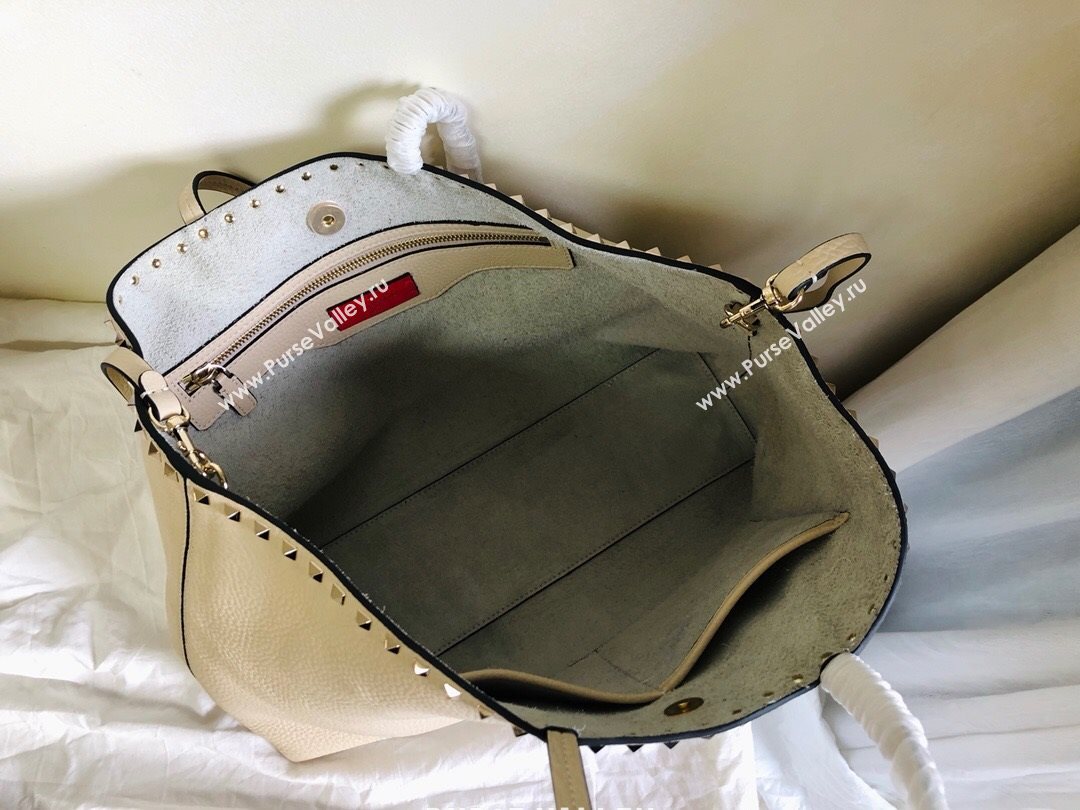 Valentino Large Grainy Calfskin Leather Rockstud Shopping Bag 0071L White 2020 (JD-20112749)