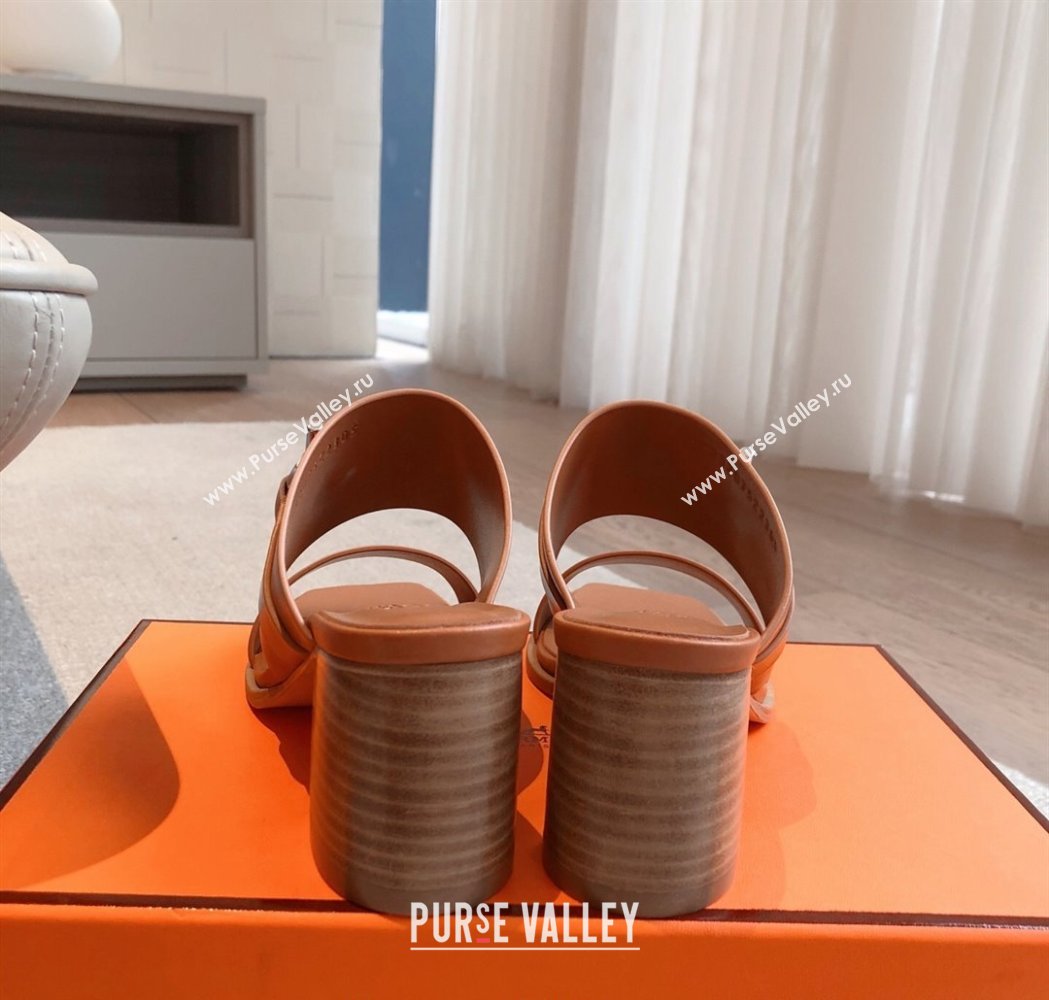 Hermes Kute Heel Slides Sandal 6cm in Calfskin with Glenan Buckle Brown 2025 (XC-250226088)