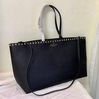 Valentino Large Grainy Calfskin Leather Rockstud Shopping Bag 0071L Black/Gold 2020 (JD-20112748)
