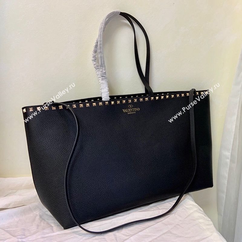 Valentino Large Grainy Calfskin Leather Rockstud Shopping Bag 0071L Black/Gold 2020 (JD-20112748)