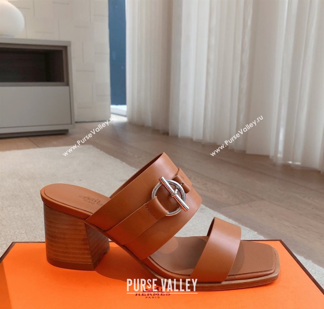 Hermes Kute Heel Slides Sandal 6cm in Calfskin with Glenan Buckle Brown 2025 (XC-250226088)