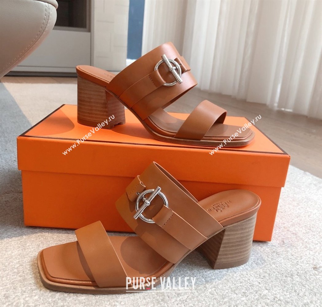 Hermes Kute Heel Slides Sandal 6cm in Calfskin with Glenan Buckle Brown 2025 (XC-250226088)