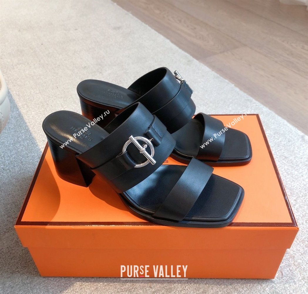 Hermes Kute Heel Slides Sandal 6cm in Calfskin with Glenan Buckle Black 2025 (XC-250226089)