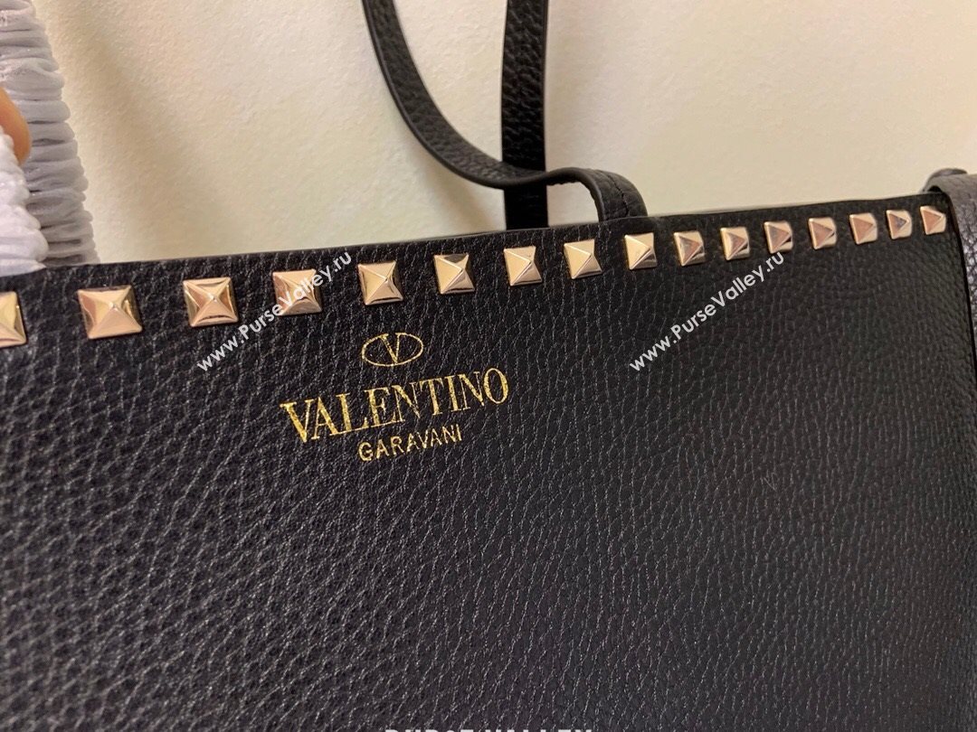 Valentino Large Grainy Calfskin Leather Rockstud Shopping Bag 0071L Black/Gold 2020 (JD-20112748)
