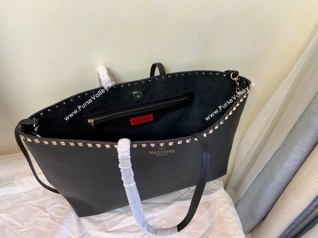 Valentino Large Grainy Calfskin Leather Rockstud Shopping Bag 0071L Black/Gold 2020 (JD-20112748)