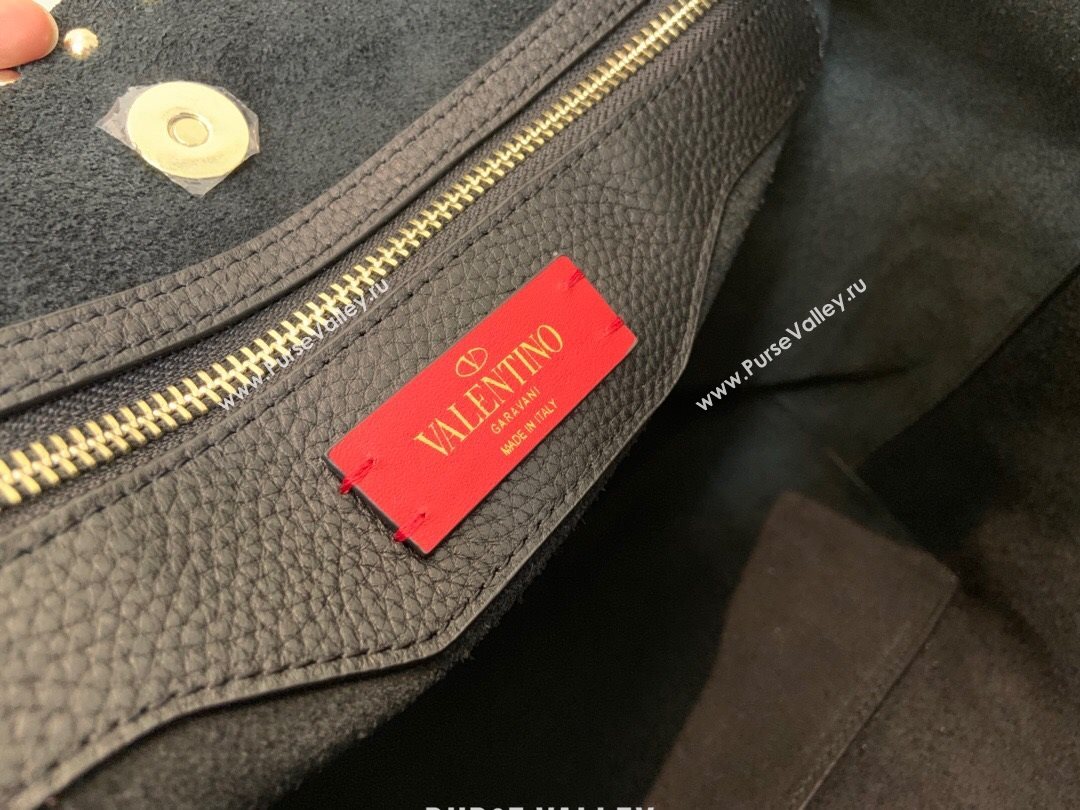 Valentino Large Grainy Calfskin Leather Rockstud Shopping Bag 0071L Black/Gold 2020 (JD-20112748)