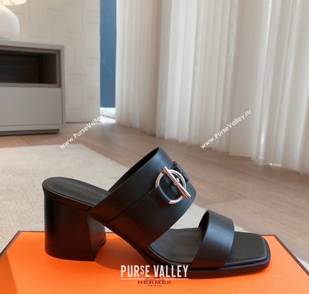 Hermes Kute Heel Slides Sandal 6cm in Calfskin with Glenan Buckle Black 2025 (XC-250226089)