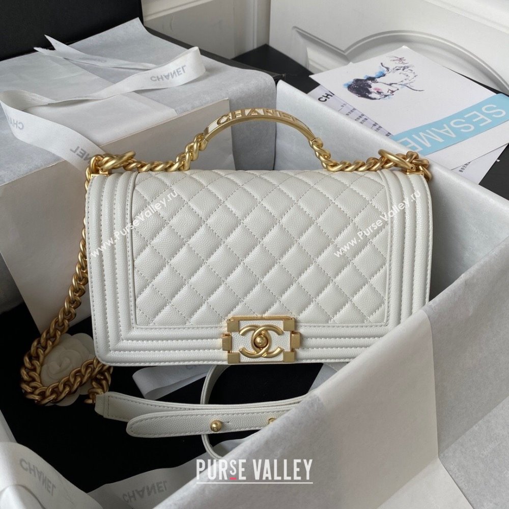 Chanel Boy Chanel Handbag with Handle in Grained Calfskin A94804 White 2023 (YEZI-23110605)