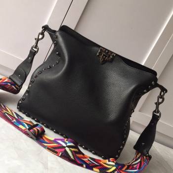 Valentino Small Grainy Calfskin Leather Rockstud Hobo Bag 50031L Black 202001 (JD-20112751)