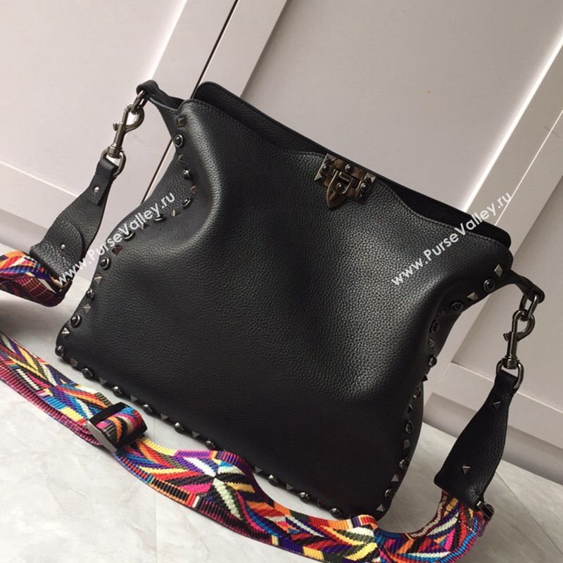 Valentino Small Grainy Calfskin Leather Rockstud Hobo Bag 50031L Black 202001 (JD-20112751)