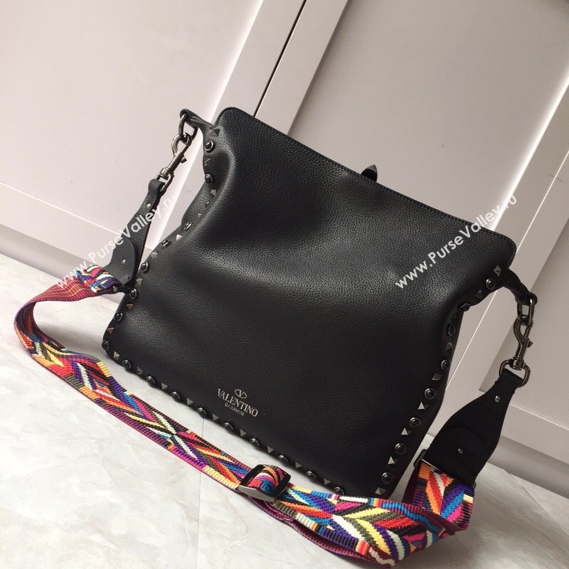 Valentino Small Grainy Calfskin Leather Rockstud Hobo Bag 50031L Black 202001 (JD-20112751)