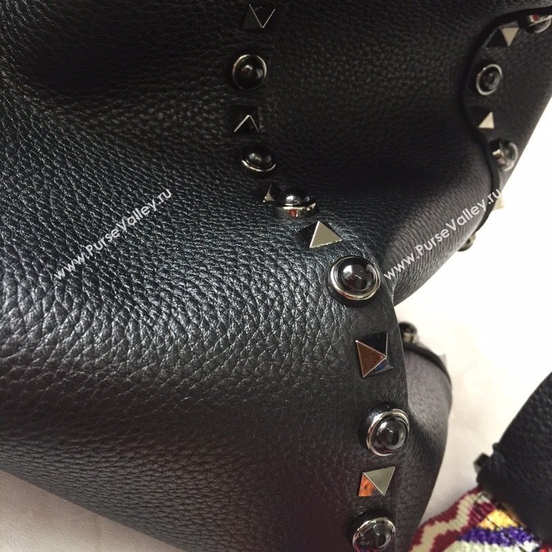 Valentino Small Grainy Calfskin Leather Rockstud Hobo Bag 50031L Black 202001 (JD-20112751)