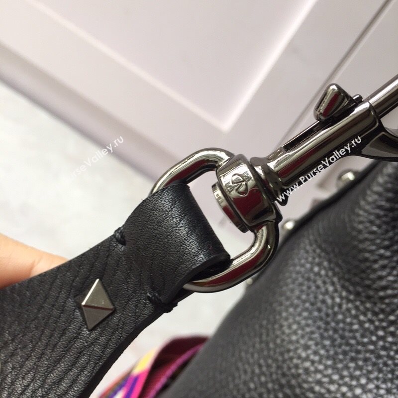 Valentino Small Grainy Calfskin Leather Rockstud Hobo Bag 50031L Black 202001 (JD-20112751)