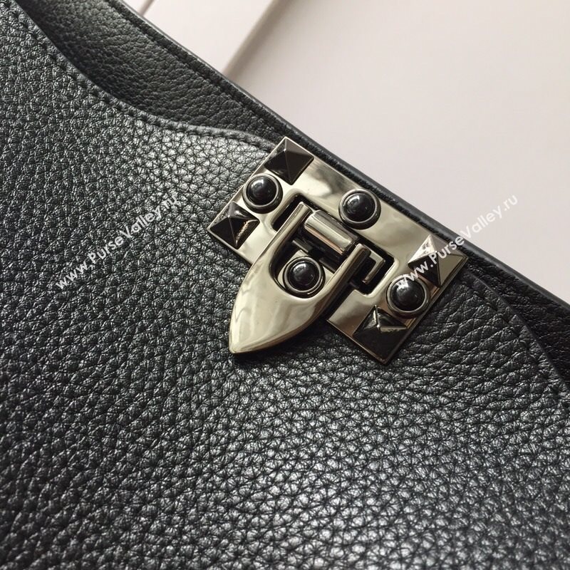 Valentino Small Grainy Calfskin Leather Rockstud Hobo Bag 50031L Black 202001 (JD-20112751)
