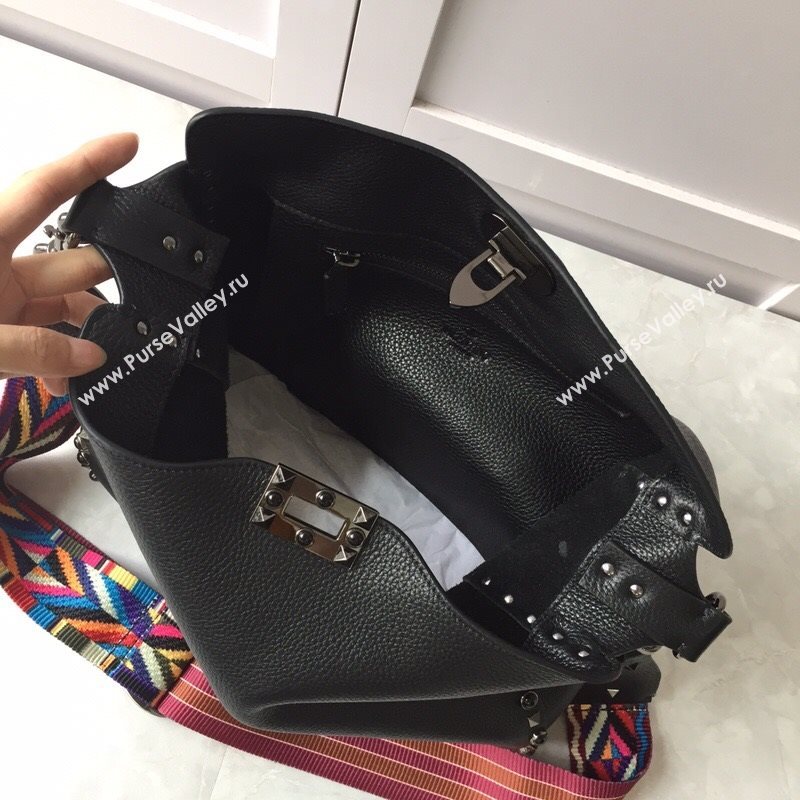 Valentino Small Grainy Calfskin Leather Rockstud Hobo Bag 50031L Black 202001 (JD-20112751)