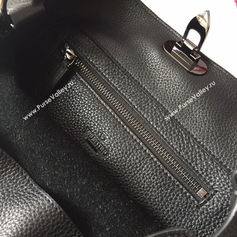 Valentino Small Grainy Calfskin Leather Rockstud Hobo Bag 50031L Black 202001 (JD-20112751)