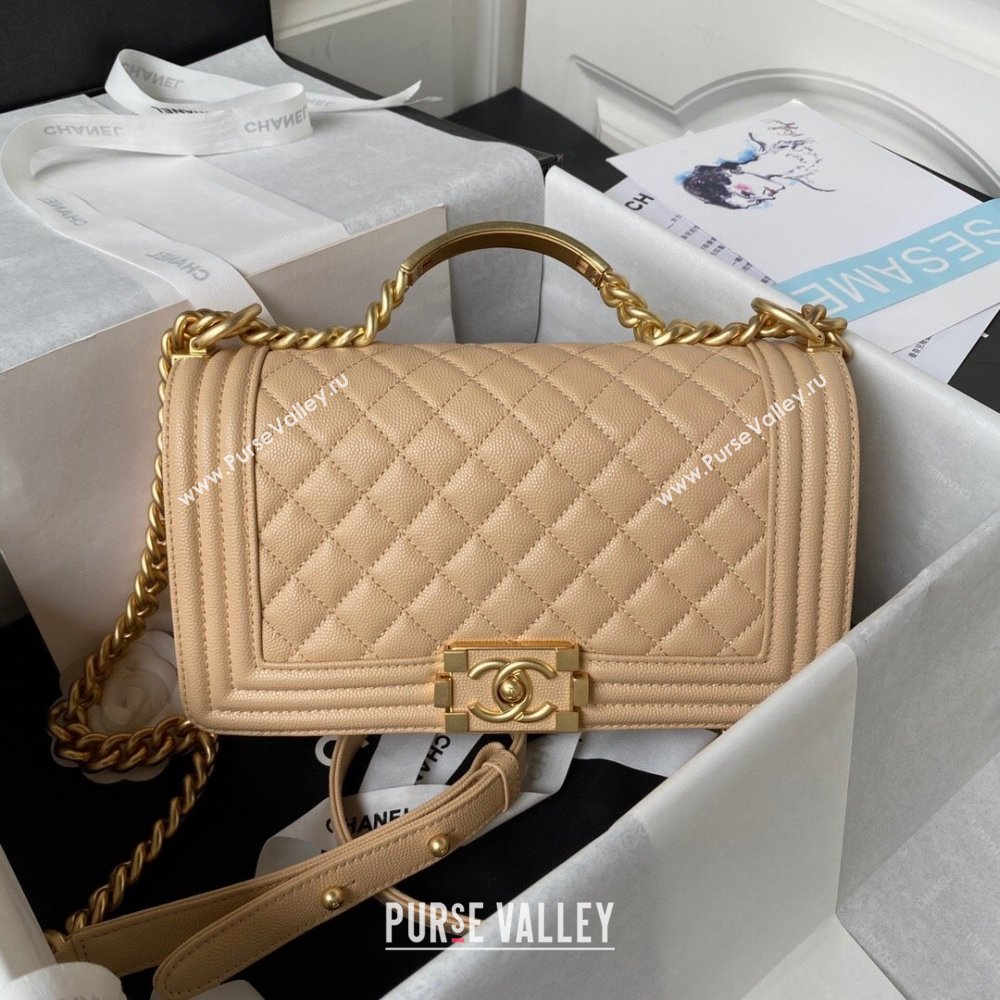 Chanel Boy Chanel Handbag with Handle in Grained Calfskin A94804 Apricot 2023 (YEZI-23110606)