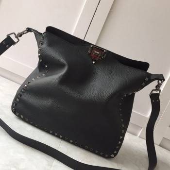 Valentino Small Grainy Calfskin Leather Rockstud Hobo Bag 50031L Metal Black 2020 (JD-20112752)