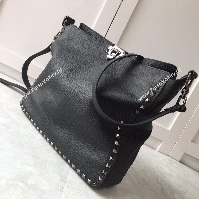 Valentino Small Grainy Calfskin Leather Rockstud Hobo Bag 50031L Metal Black 2020 (JD-20112752)