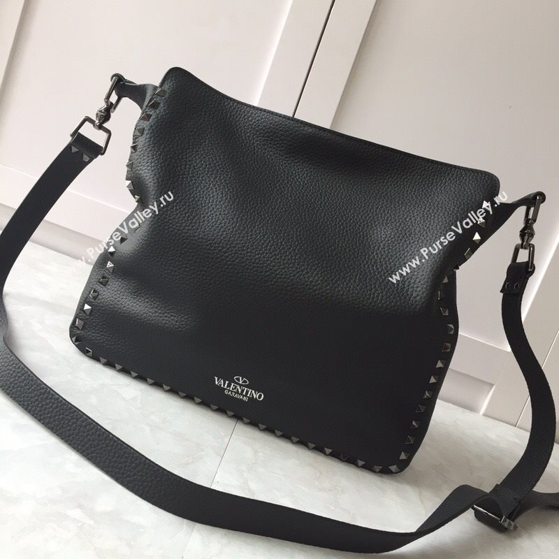 Valentino Small Grainy Calfskin Leather Rockstud Hobo Bag 50031L Metal Black 2020 (JD-20112752)