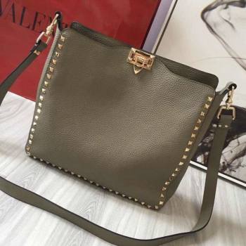 Valentino Small Grainy Calfskin Leather Rockstud Hobo Bag 50031L Grey Dove 2020 (JD-20112753)