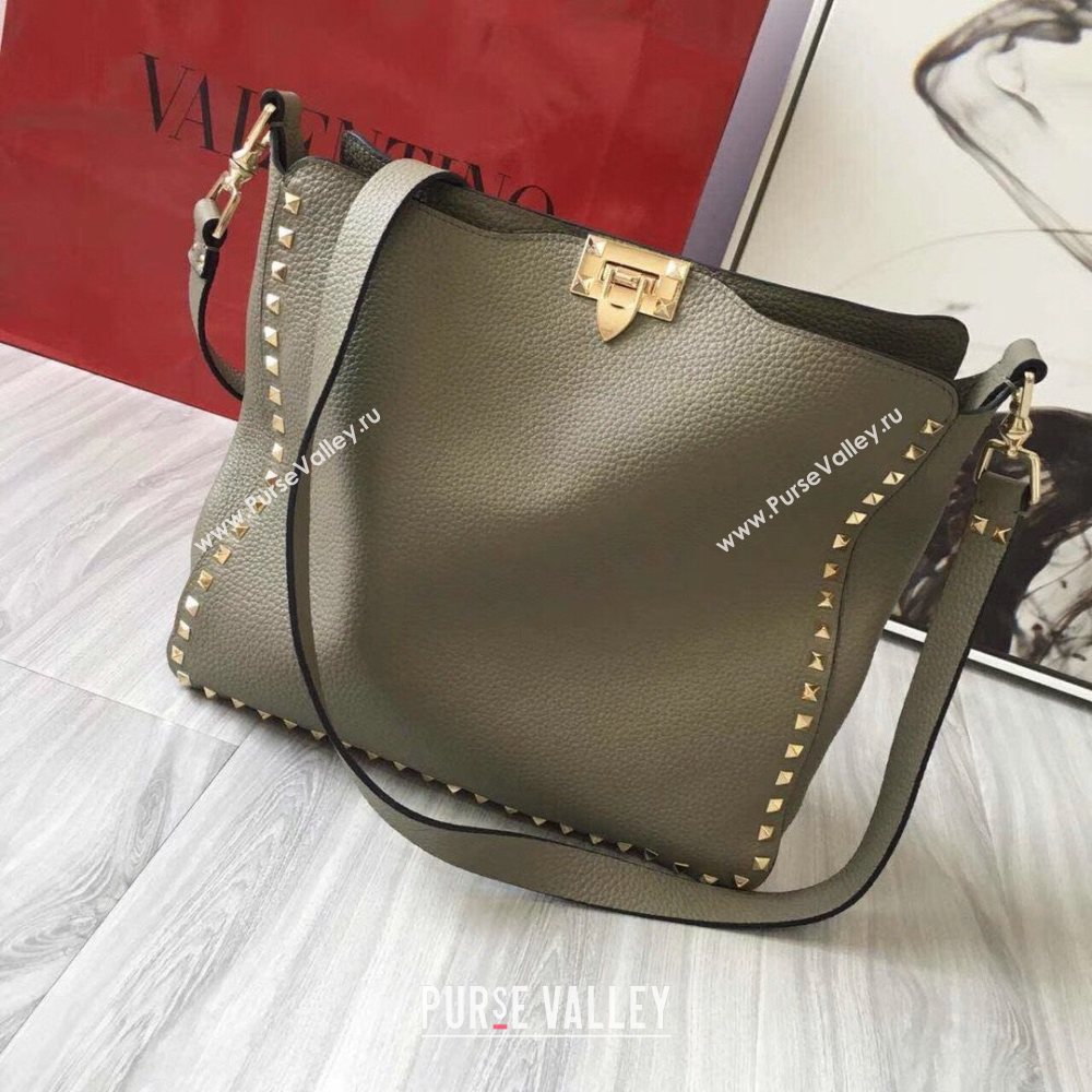 Valentino Small Grainy Calfskin Leather Rockstud Hobo Bag 50031L Grey Dove 2020 (JD-20112753)