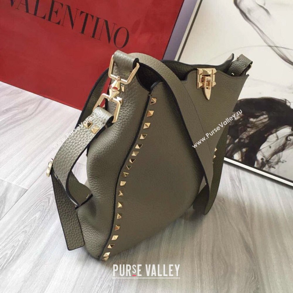 Valentino Small Grainy Calfskin Leather Rockstud Hobo Bag 50031L Grey Dove 2020 (JD-20112753)