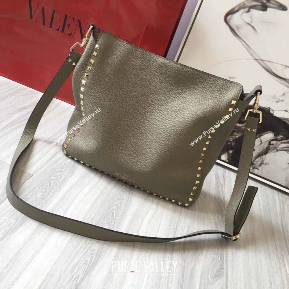 Valentino Small Grainy Calfskin Leather Rockstud Hobo Bag 50031L Grey Dove 2020 (JD-20112753)