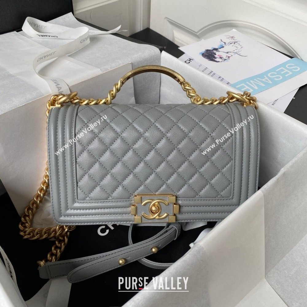 Chanel Boy Chanel Handbag with Handle in Grained Calfskin A94804 Grey 2023 (YEZI-23110607)