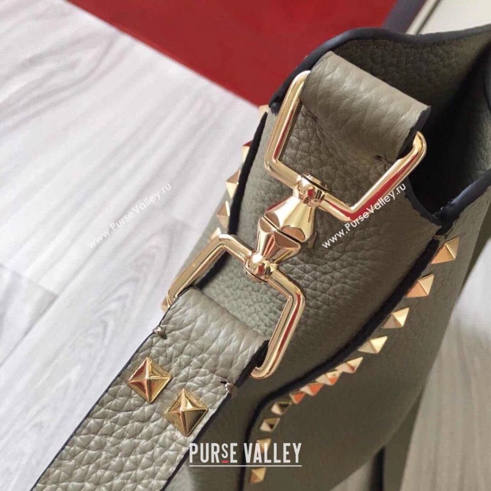 Valentino Small Grainy Calfskin Leather Rockstud Hobo Bag 50031L Grey Dove 2020 (JD-20112753)