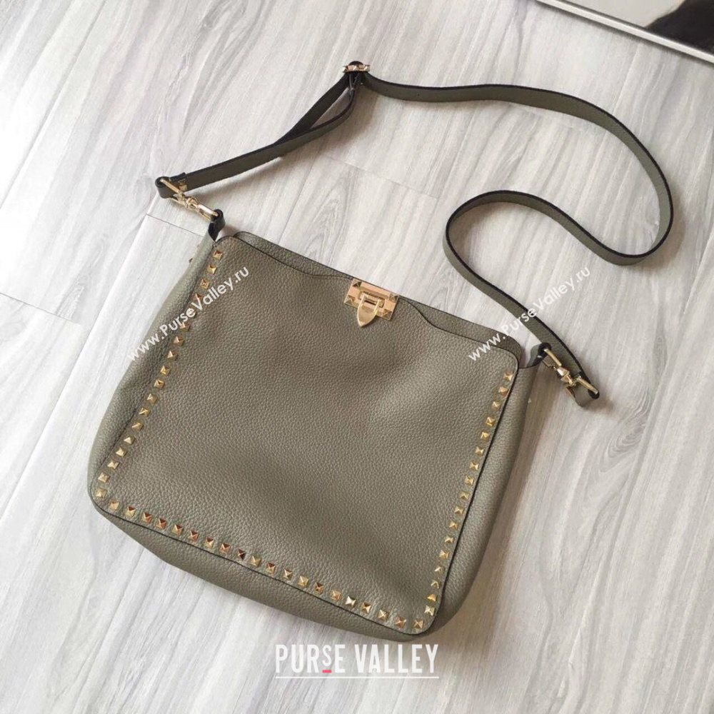 Valentino Small Grainy Calfskin Leather Rockstud Hobo Bag 50031L Grey Dove 2020 (JD-20112753)